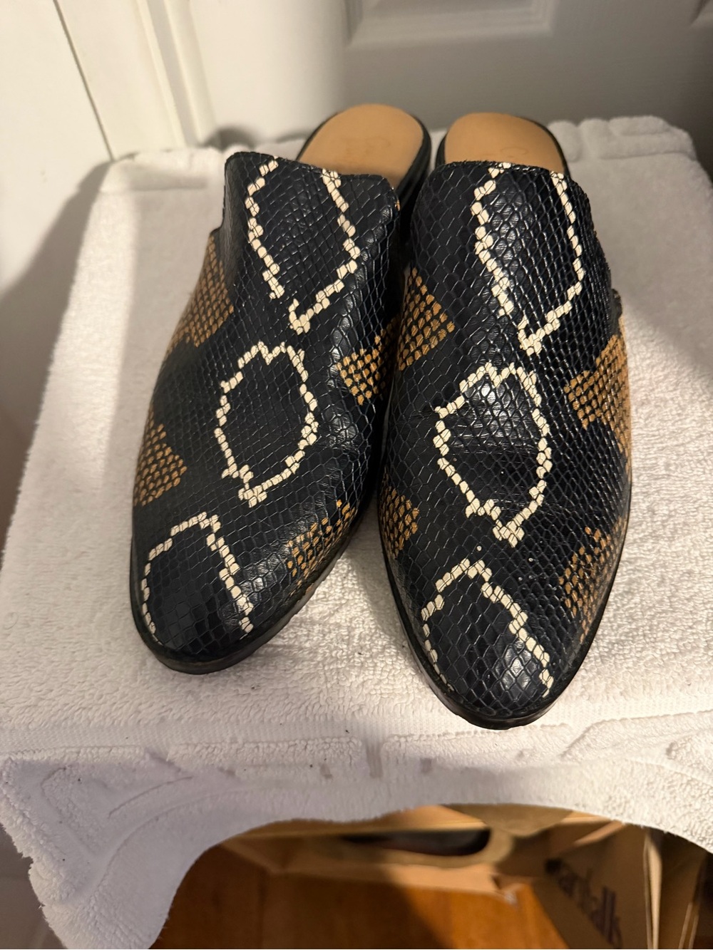 Crown Vintage Black & Tan Snake-Print Slip-On Mules